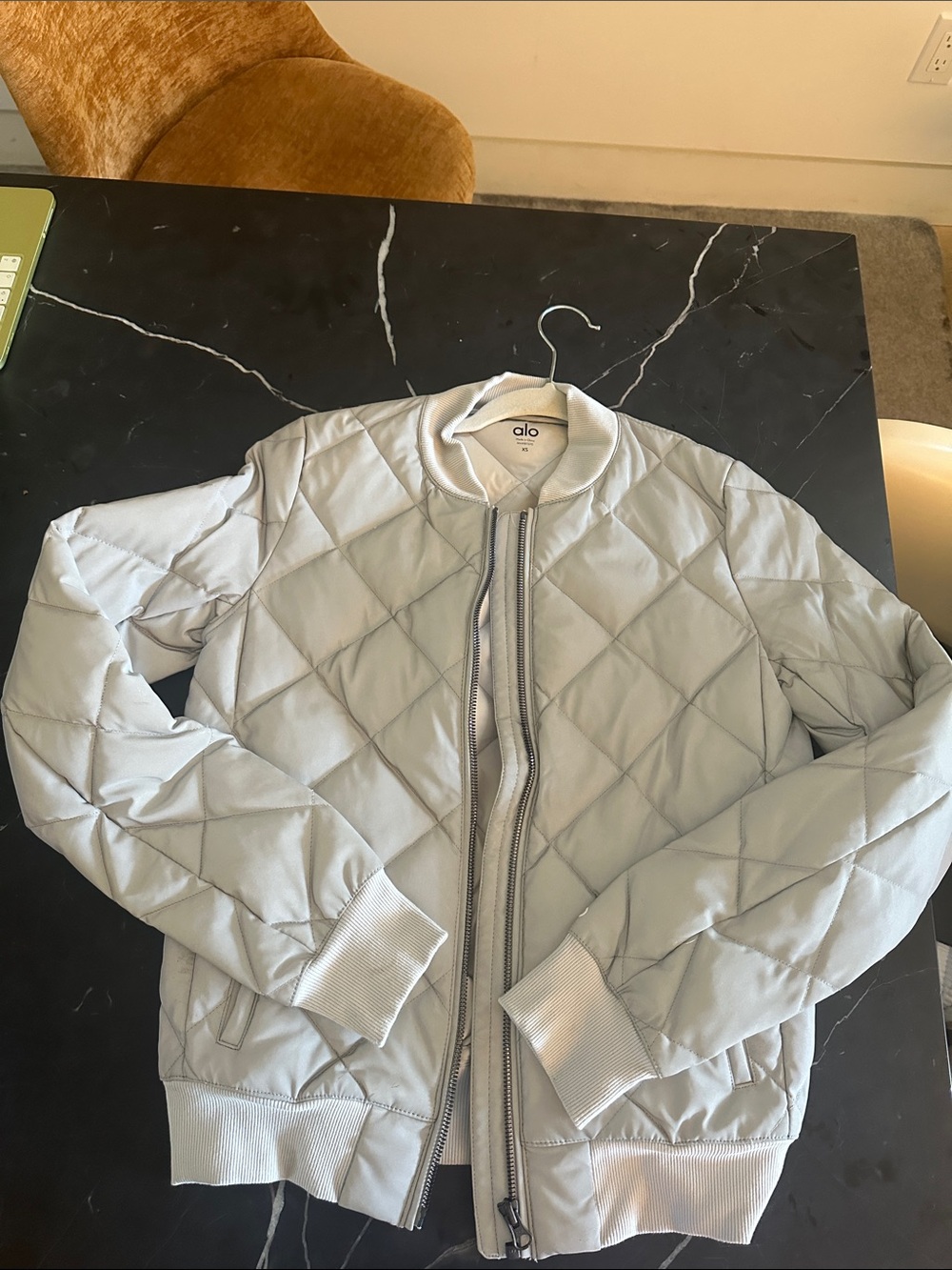 ALO Yoga Woman’s Reflective Light Gray Quilted Bomber Jacket